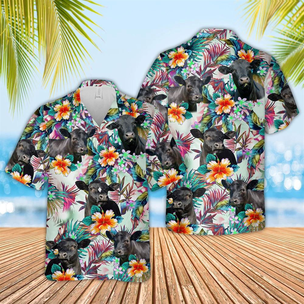 Farm Hawaiian Shirt, Black Angus Colorful Leaf Pattern Hawaiian Shirt, Cow Hawaiian Shirt
