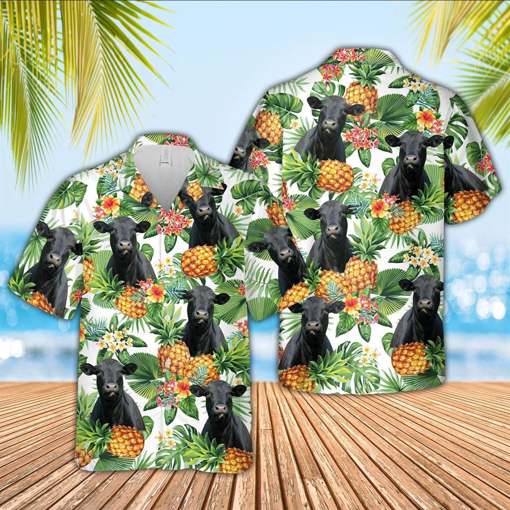Farm Hawaiian Shirt, Black Angus Pineapple Pattern 3D Hawaiian Shirt, Cow Hawaiian Shirt