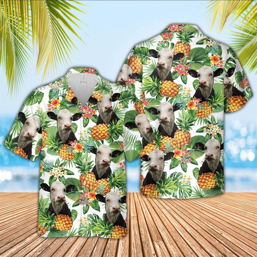 Farm Hawaiian Shirt, Black Baldy Pineapple Pattern 3D Hawaiian Shirt, Cow Hawaiian Shirt