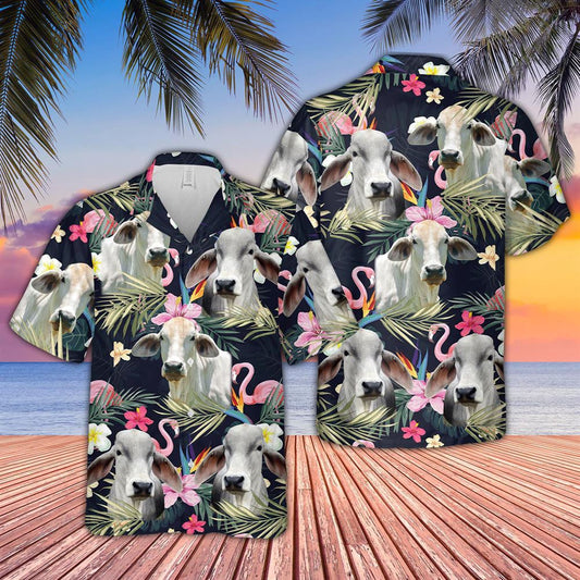 Farm Hawaiian Shirt, Brahman Cattle And Flamingo Flower Pattern 3D Hawaiian Shirt, Cow Hawaiian Shirt