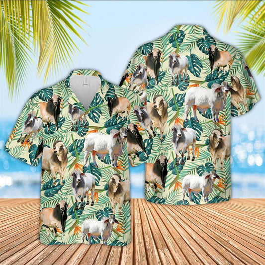 Farm Hawaiian Shirt, Brahman Cattle Green Pattern 3D Hawaiian Shirt, Cow Hawaiian Shirt