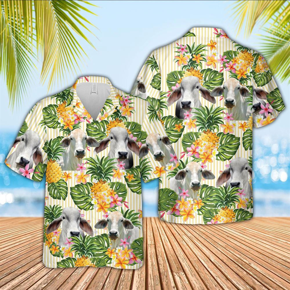 Farm Hawaiian Shirt, Brahman Pineapple Pattern Hawaiian Shirt, Cow Hawaiian Shirt