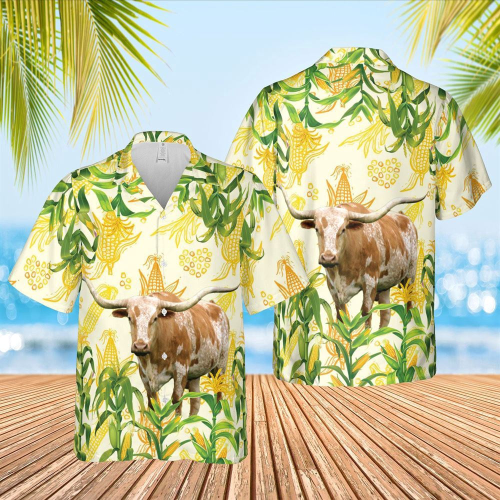 Farm Hawaiian Shirt, Corn Farm Texas Longhorn All Over Printed 3D Hawaiian Shirt, Corn Hawaiian Shirt